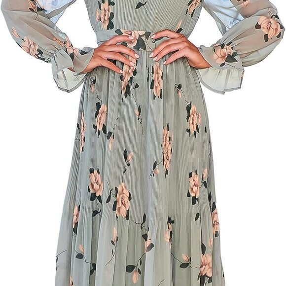 Women's Floral Chiffon Midi Dress Puff Long Sleeve Mock Neck Summer Wedding Gues - Picture 1 of 5